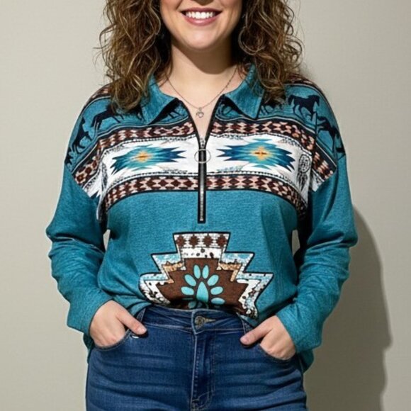 Tops - Southwestern Aztec Inspired Long Sleeve 1/4 Zip top 1X